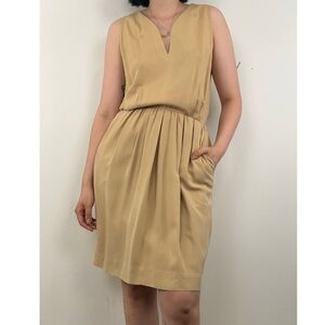 Vintage Anne Klein Tan Khaki 100% Silk Sleeveless Midi Shift Dress